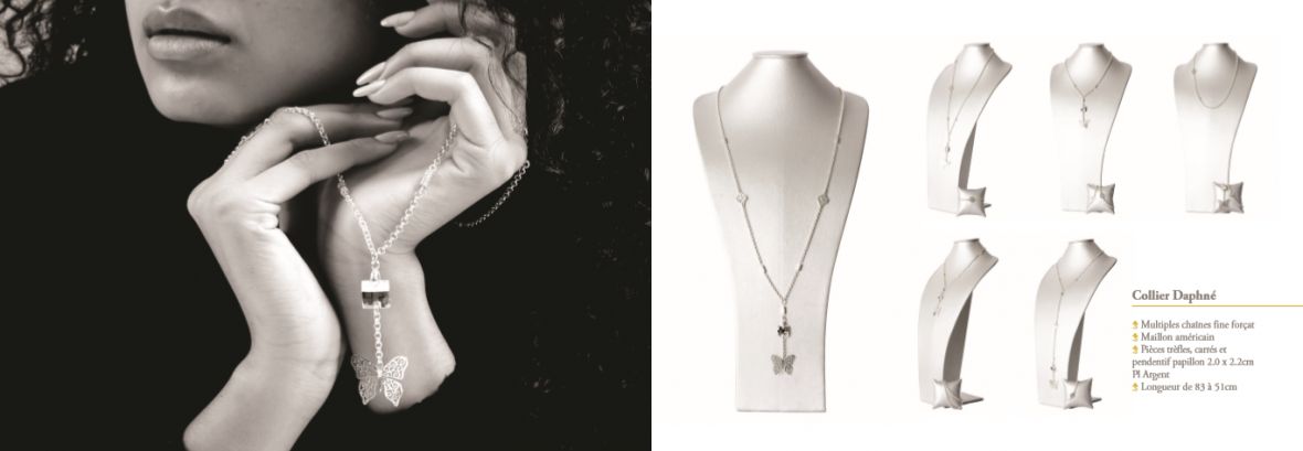  femme qui porte dans ses mains un bijou 7 éclat à côté d'un collier sur buste blanc