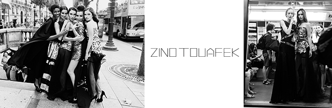 Photos noir et blanc de groupes de mannequins femme portant les collections zino touafek 